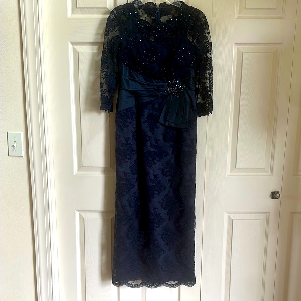 Rickie Freeman for Teri Jon Blue V-Neck Gown with Bishop Sleeves